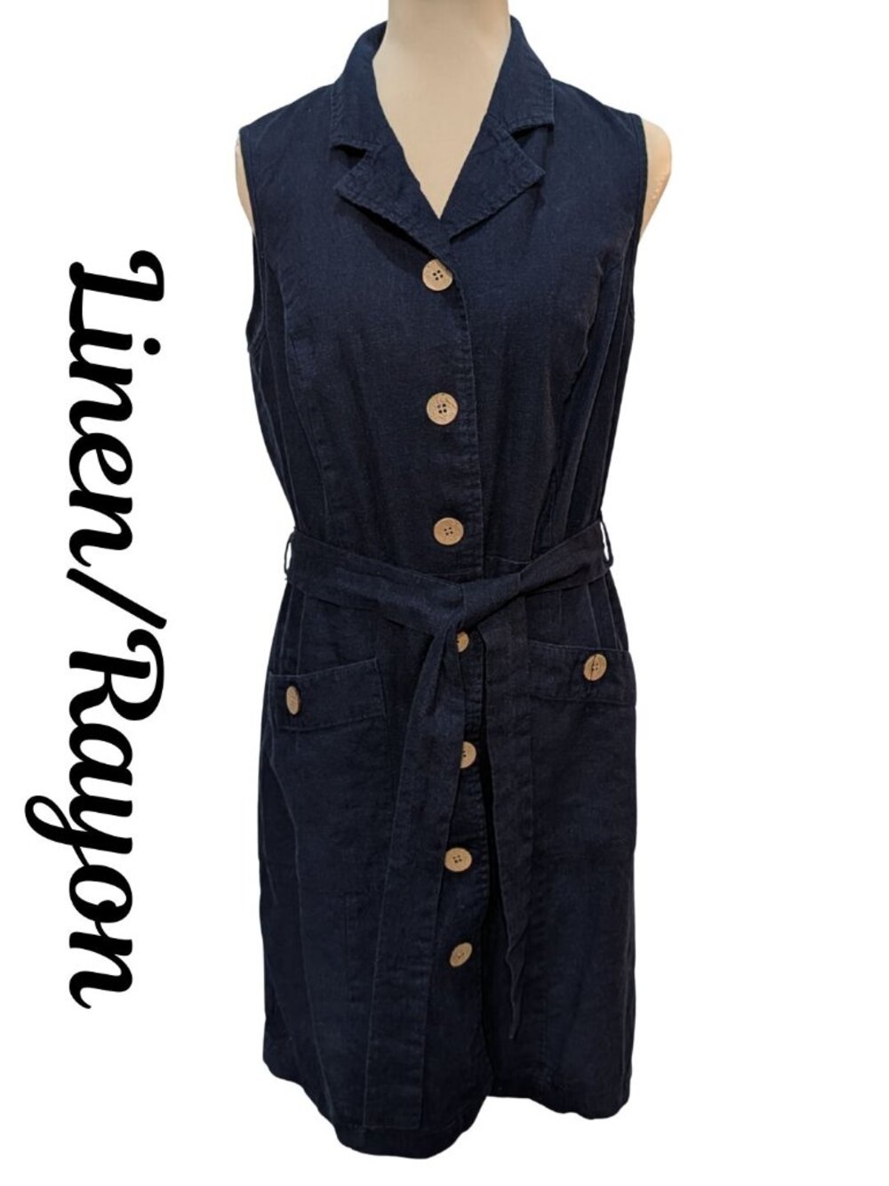 Glamour Navy Blue Linen Blend Sleeveless Button Front Shirt Dress